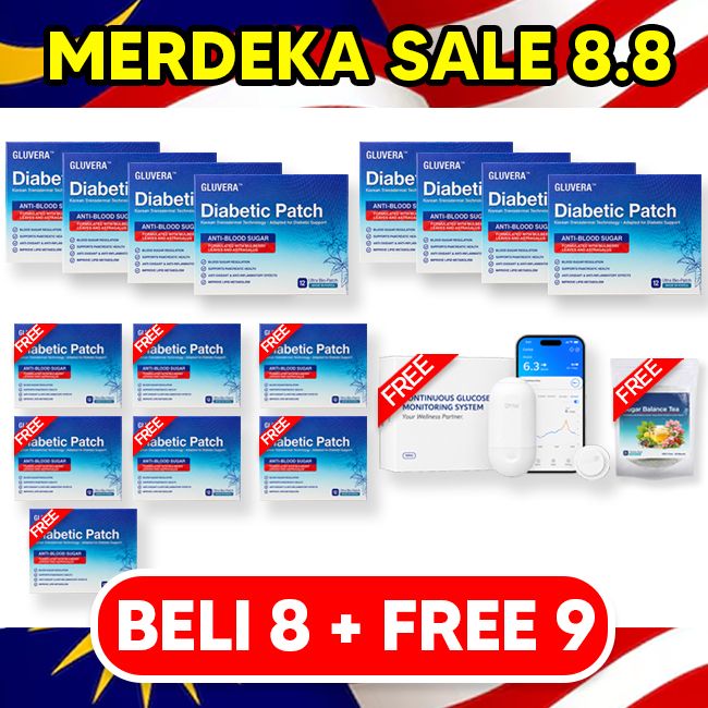 PAKEJ PROMO MERDEKA 9.9 (8 KOTAK GLUVERA + FREE 7 KOTAK GLUVERA + FREE 1 OTTAI GLUCOSE METER + FREE 1 POUCH GLUVERA TEA)